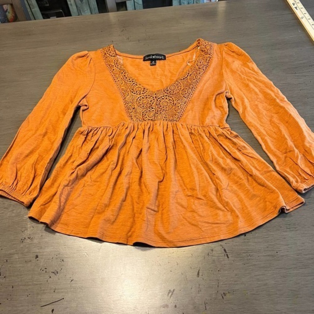 Derek Heart Peasant Top Crochet Detail Long Sleeve Blouse‎ Orange S